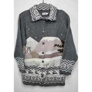 Tricobel Nordic Cardigan Sweater L Reindeer Wool Angora Blend Vintage 80s‎ Italy